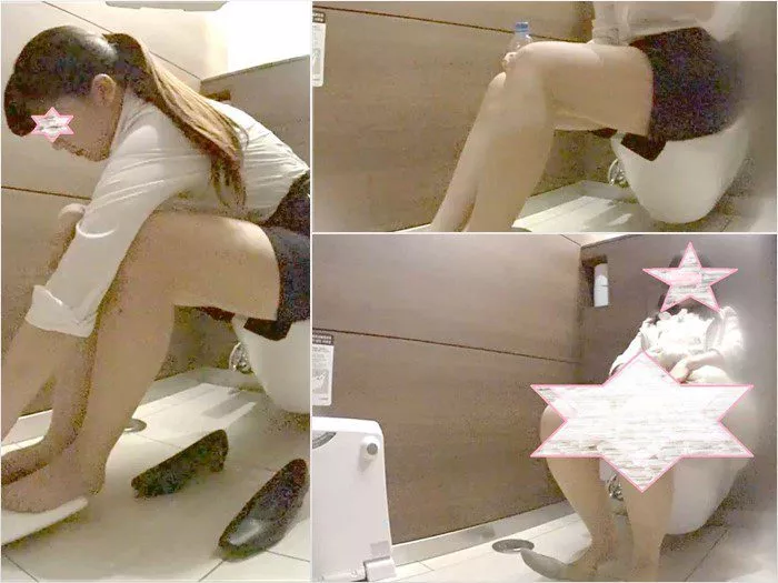 Eine Büroangestellte, die in einer westlichen Toilette pervers masturbiert und an Pumps riecht.