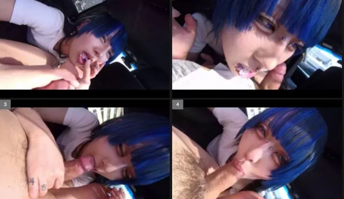 ゲームから出てきたような青髪ピアス女子、車内フェラ動画です